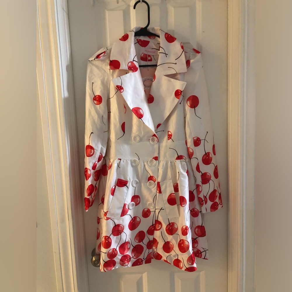 NWT Blingor Cherry Print Trench Jacket Rockabilly Pinup Retro Coat Sz S - Picture 2 of 8